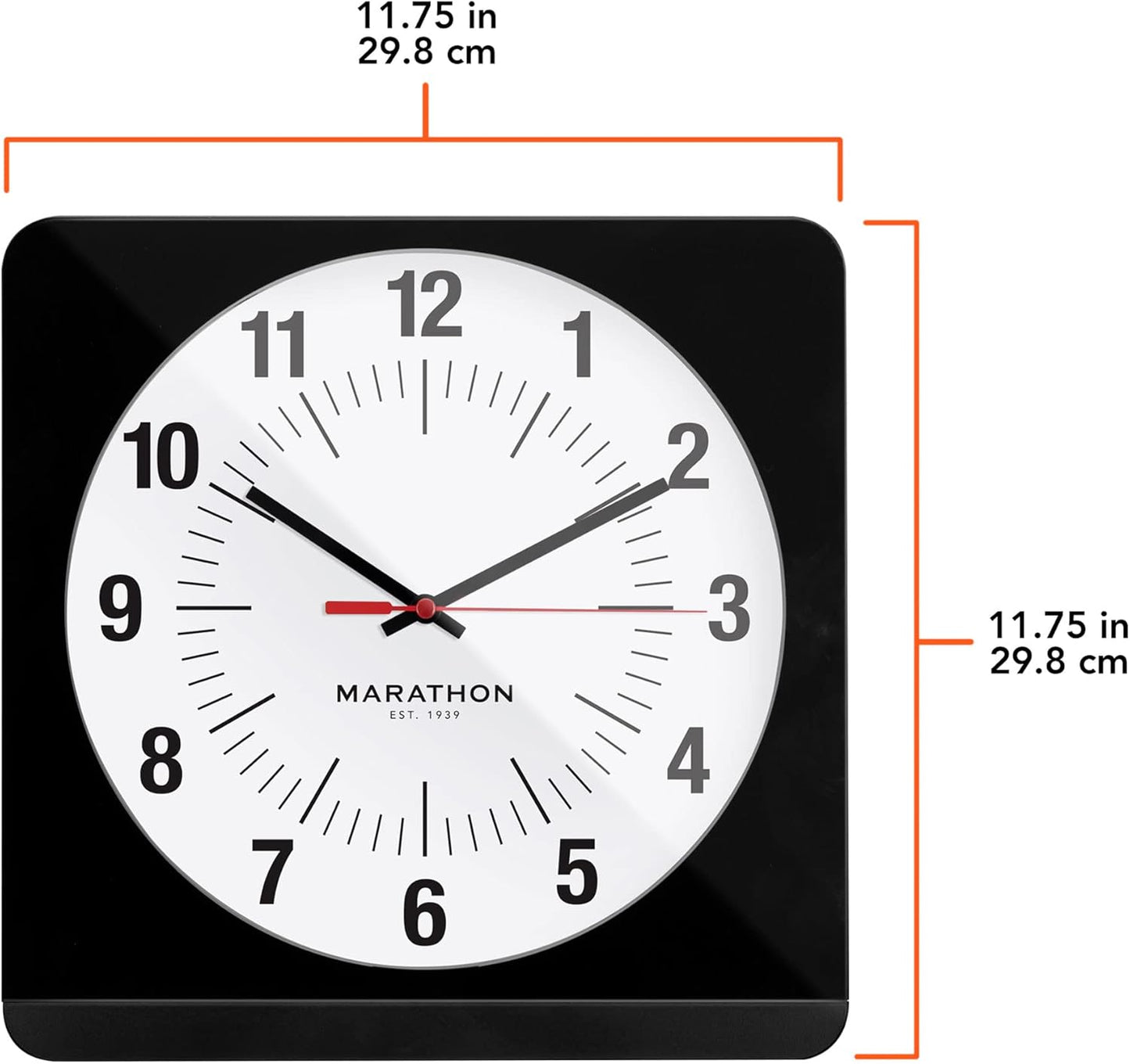 MARATHON 12 Inch Analog Wall Clock with Auto Back Light and Non Ticking Silent Sweep (Black & White - Commercial Edition)