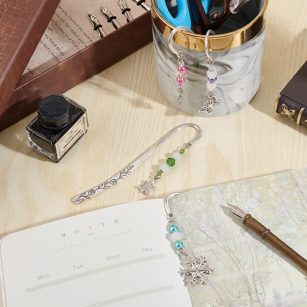 OLYCRAFT 4Pcs Hook Alloy Bookmarks Glass Beaded Bookmark Antique Silver Metal Bookmarks Vintage Bookmark with Butterfly/Flower/Tortoise/Snowflake Pendant for Book Lovers - About 6.5 inch