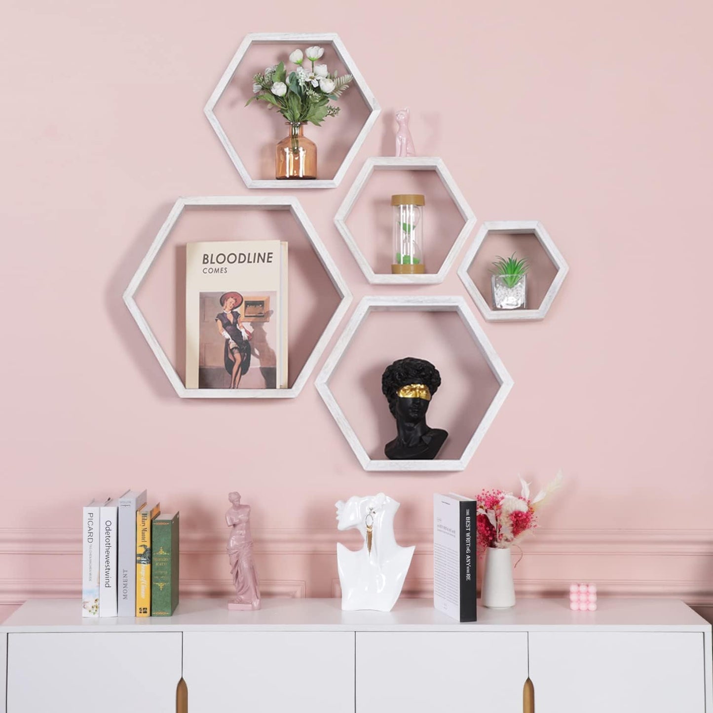 PHOENANCEE Hexagon Floating Shelves,Wall Mounted Wood Farmhouse Storage Honeycomb Wall Shelf Set of 5,for Bathroom, Kitchen, Bedroom, Living Room,Office,Driftwood Finish (Weathered White)
