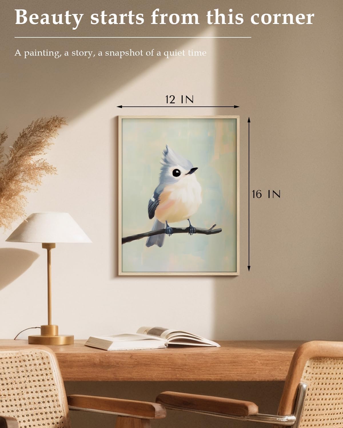 Cute Songbird on Branch Metal Framed Canvas Print Wall Art, 12x16 Bird Illustration with Soft Pastel Tones, Modern Animal Artwork Living Room Farmhouse Scandinavian Bedroom Nursery Office Decor