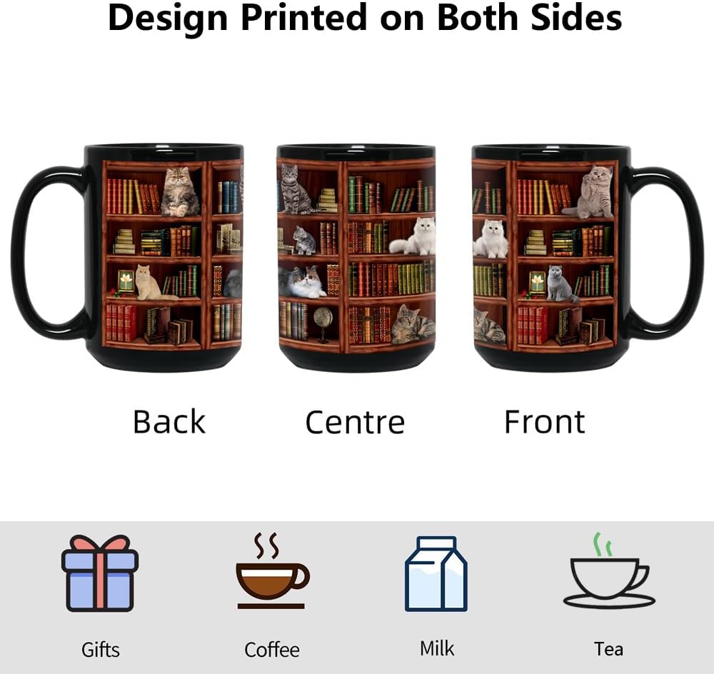 Cat Book Mugs - Coffee Mugs Lovers Gifts for Readers - Best Gift for Cat Lover - Reading Writer Women Tea Cups Library Bookshelf Mug 15oz - Black Chapter Book Mug(15oz-bookshelf)