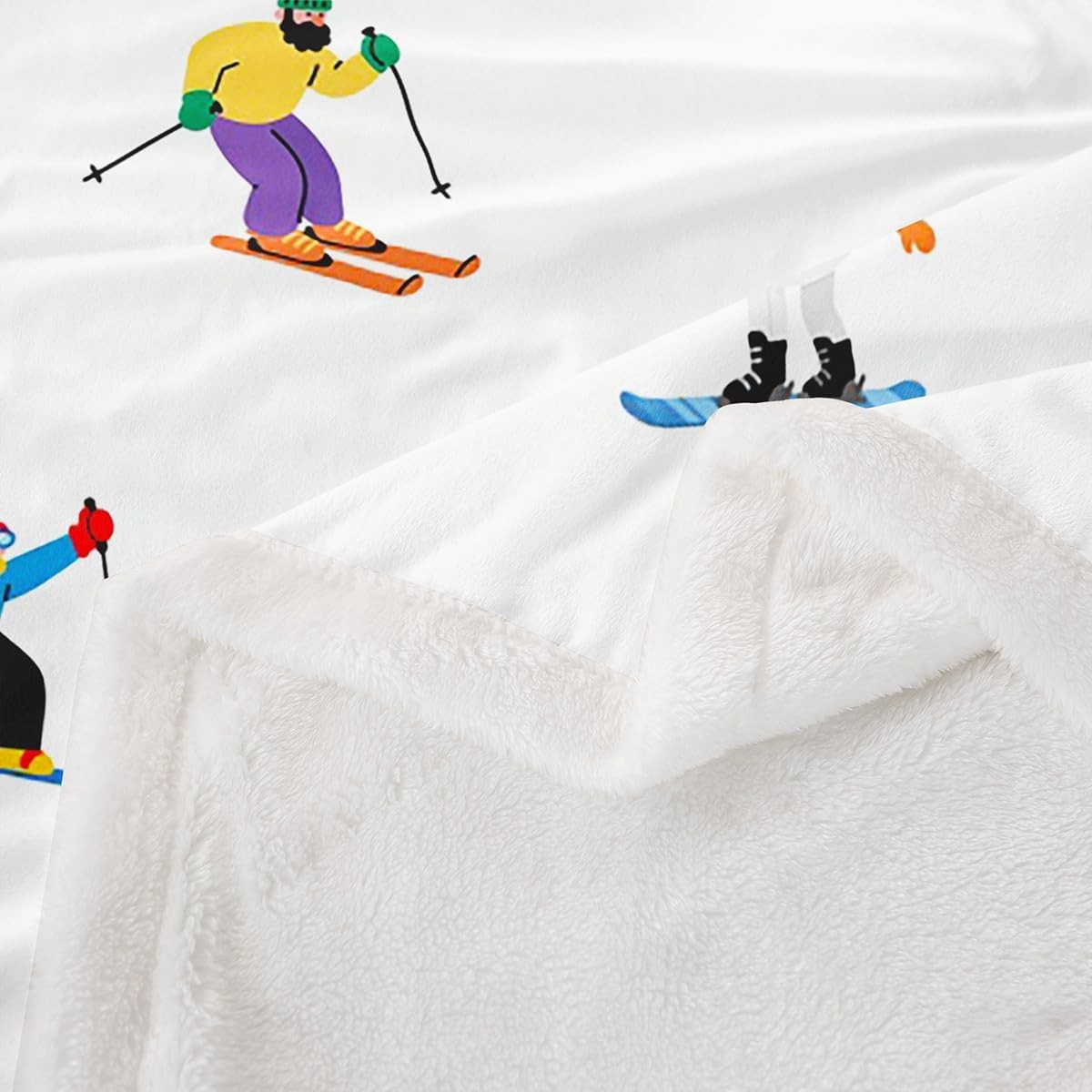 Winter Ski Sports Throw Blanket,Cartoon Skiing Skier Blankets,Snow Extreme Sports Fleece Blanket for Kids Boys Girls Teens Bedroom Decor,Colorful White Sherpa Blanket,for Chair/Sofa,50"×60"