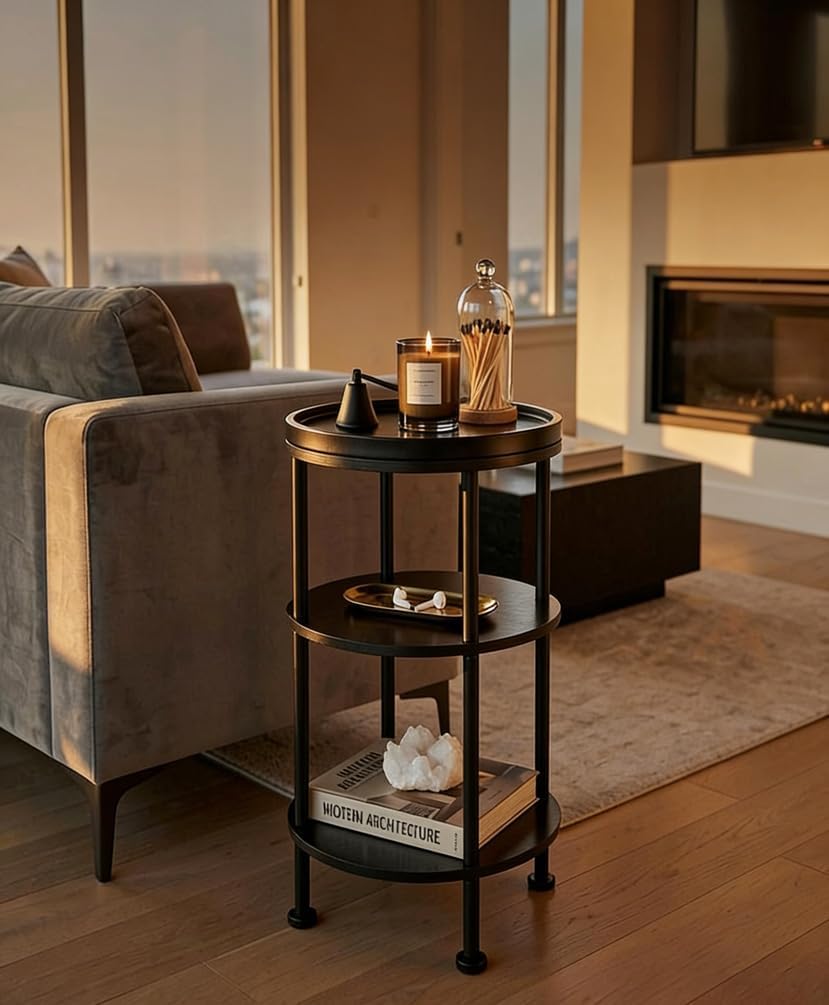 Small Round Side Table with Tray Top, 3-Tier Black End Table for Living Room & Bedroom, Modern Metal Nightstand with Storage Shelf, 11.8" Narrow Accent Table for Small Spaces, Balcony, Classic Black