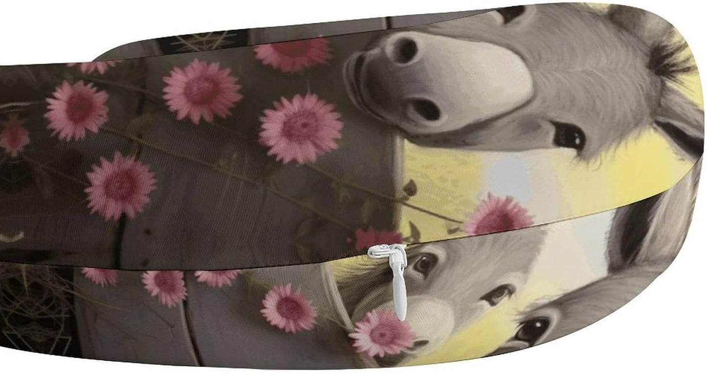 Donkey and Flower Neck Pillow Memory Foam U Shaped Pillows Portable Pillows for Shoulder Travel Head Support Pillow with Concealed Zipper for Airplane Car Home Office