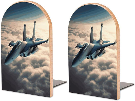 Non-Slip Bookend for Shelves Aircraft Fighter Jets Wooden Bookends with Metal Base Decorative Book Stopper for Home Heavy Duty Wood Book Storage for Books/CDs