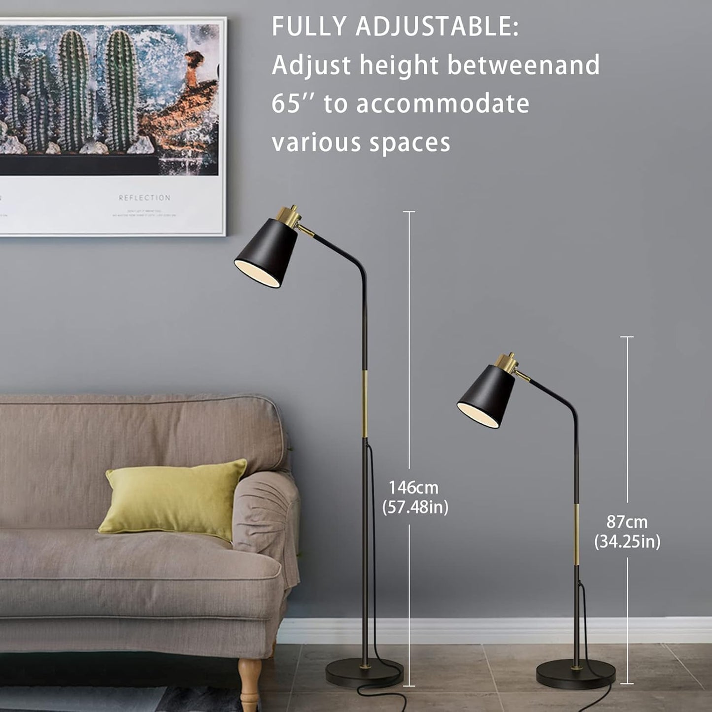 Floor Lamp, Industrial Floor Lamps for Living Rooms Rustic Farmhouse Reading Standing Floor Lamp Adjustable Metal Heads Indoor Task Lighting for Living Room Bedroom Office Home Décor (Black)