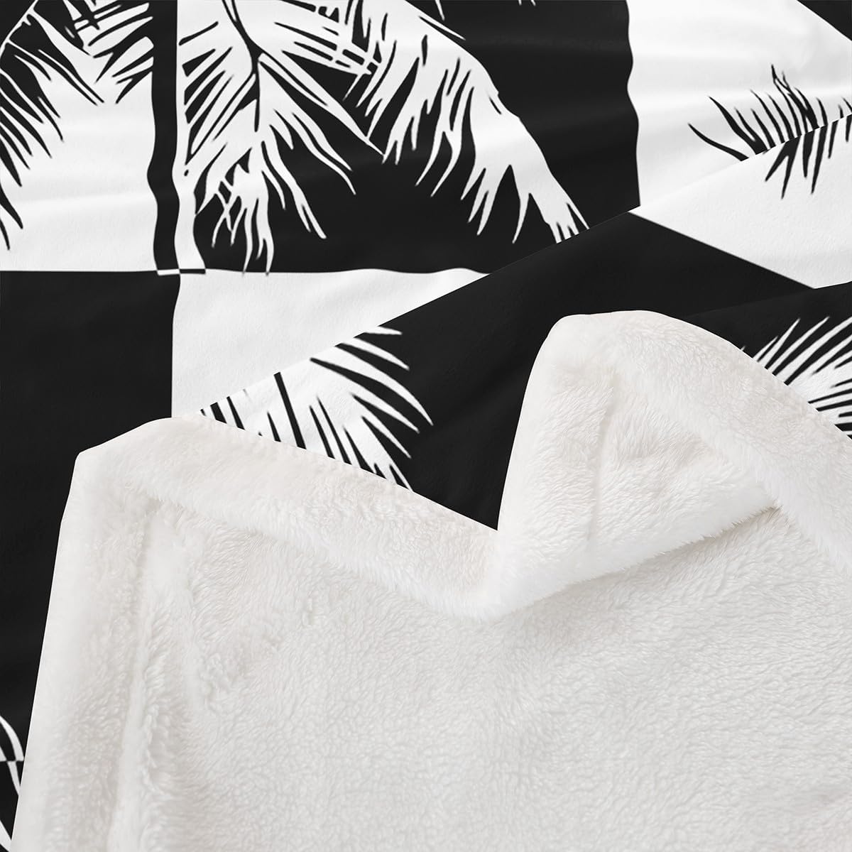 Feelyou Palm Tree Print Sherpa Blanket Tropical Palm Leaf Throw Blanket for Couch Bed Sofa Black White Geometric Square Decor Fleece Blanket Hawaiian Nature Theme Fuzzy Blanket Baby 30"x40"