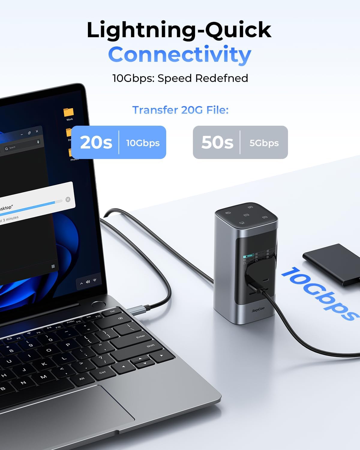 RayCue 15 in 1 Laptop Docking Station 3 Monitors, Triple 8K Display with 3 HDMI, 6 USB Ports, 5 Shortcut Button, Gigabit Ethernet, PD3.0, Smart Display for Windows/Dell/Lenovo/HP...(No Power Adapter)