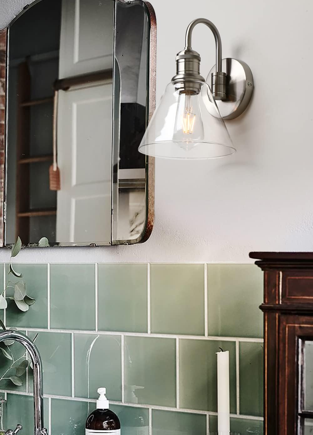 Yosoan 1-Light Brass Modern Vintage Indoor Wall Sconce, Vanity Single Luxury Hardwired Retro Textured Clear Funnel Flared Glass Shade with Industrial Curved Rod Bathroom Lamp(Brushed)
