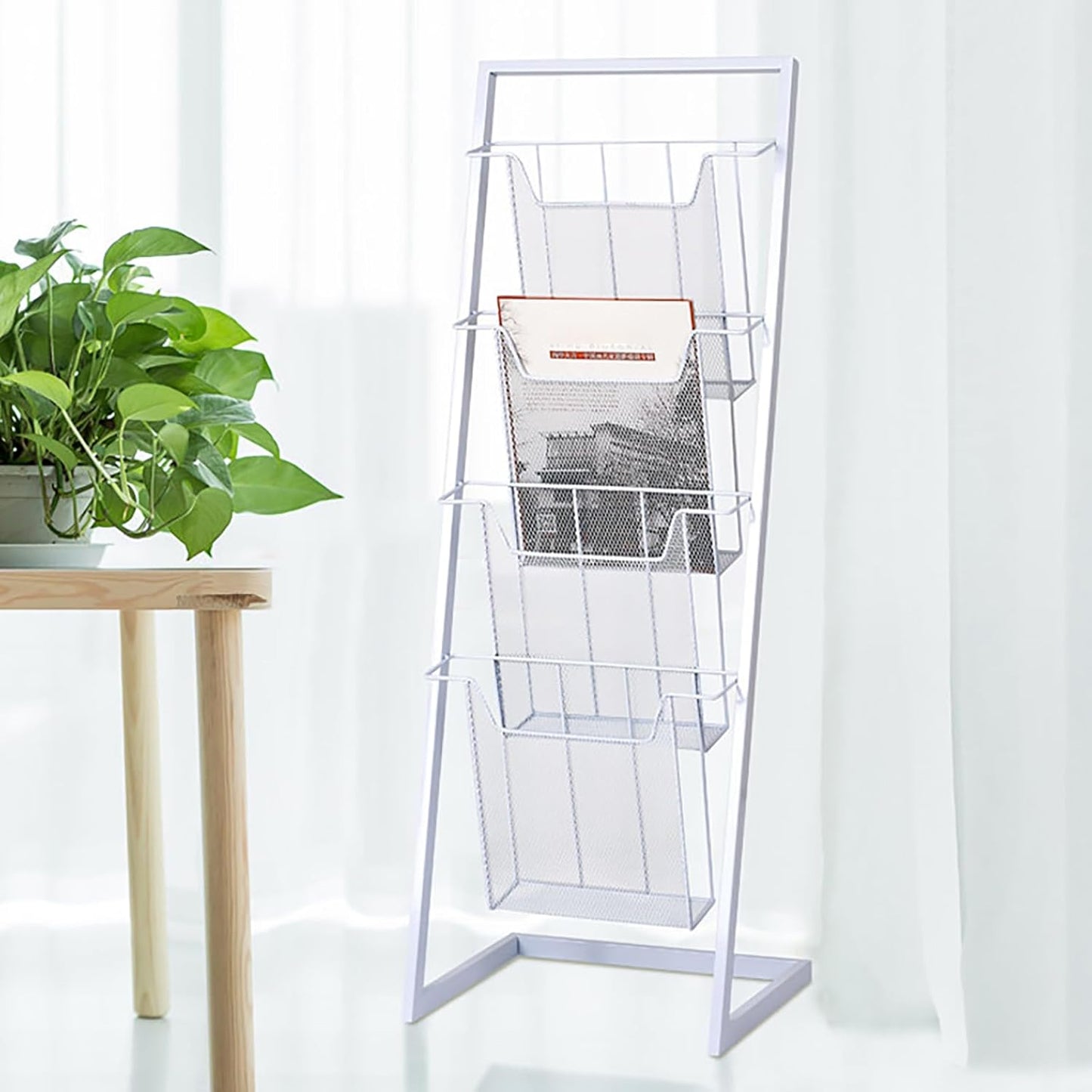 4-Tier Magazine Display Rack, Floor Standing Open Top Brochure & Newspaper Stand, Literature Holder for Shop, Exhibition, Office, Hotel, Bank, Library, White