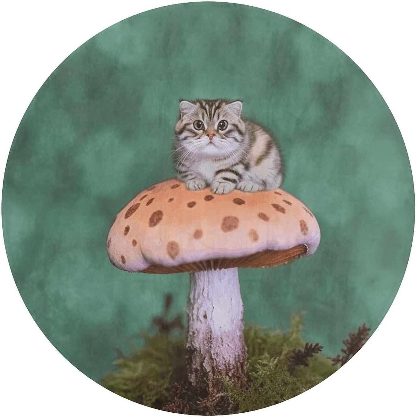 Cat on Mushroom Circle Rug Retro Luxury Coral Velvet Floor Mat Non Slip Soft Indoor Floor Carpet Comfy Thickened Area Rugs Modern Aesthetic Minimalist Carpets for Home Decor