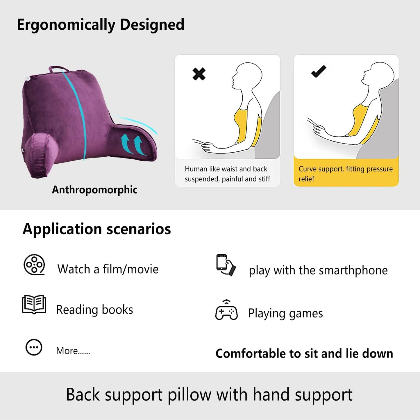 Bed Reading Pillow, Lying or Sitting Up, Back Pillow with Hand Support, for Bed/Sofa/Seat Reading, Mobile Phone, Gaming, TV Watching and Relaxing