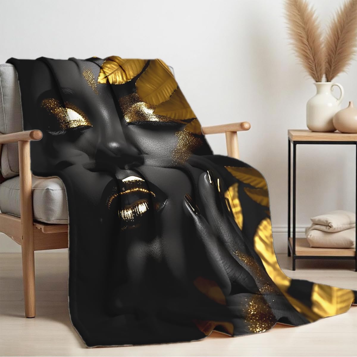 African American Woman Blanket Throw Black Gold Print Flannel Blanket Gifts for Girls Female Women African American Couch Bed Living Room Home Decor 49"x59"