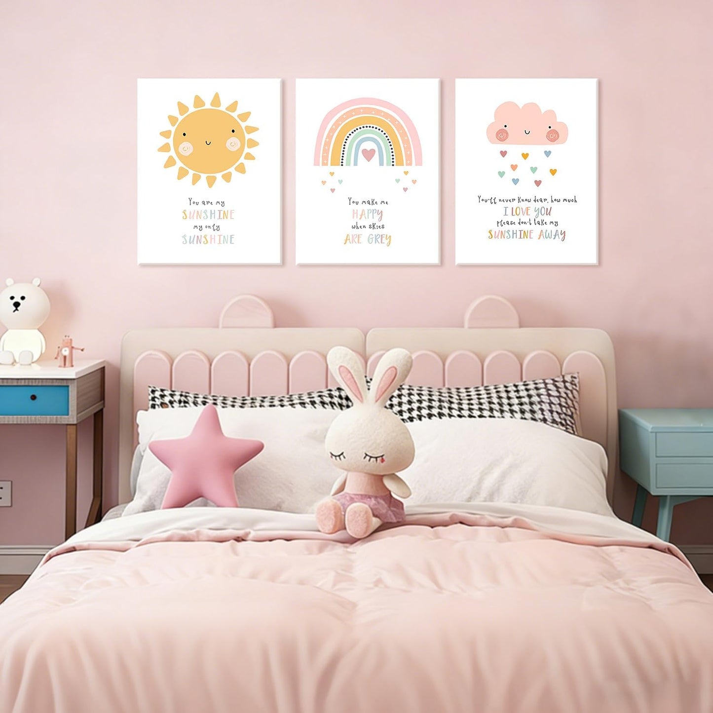 NCCXNCC 3Pcs Children's Room Canvas Wall Art Cute Sun Rainbow Cloud Painting Pastel Baby Room Wall Decoration Artwork Simple Children's Room Poster Print Suitable for Nursery Bedroom 16x24Inch Framed