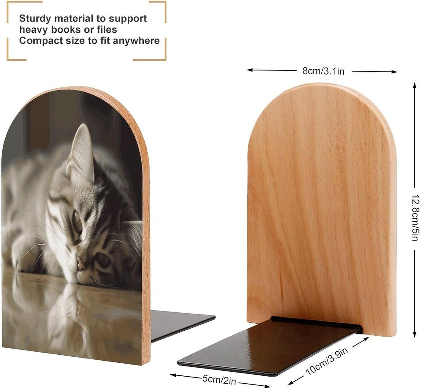 Sleeping Cat Bookends 1 Pair Heavy Duty Book Ends for Shelves Non-Skid Bookend Supports Wooden Book Holders with Metal Base Desk Organizers Books Storage to Hold Books