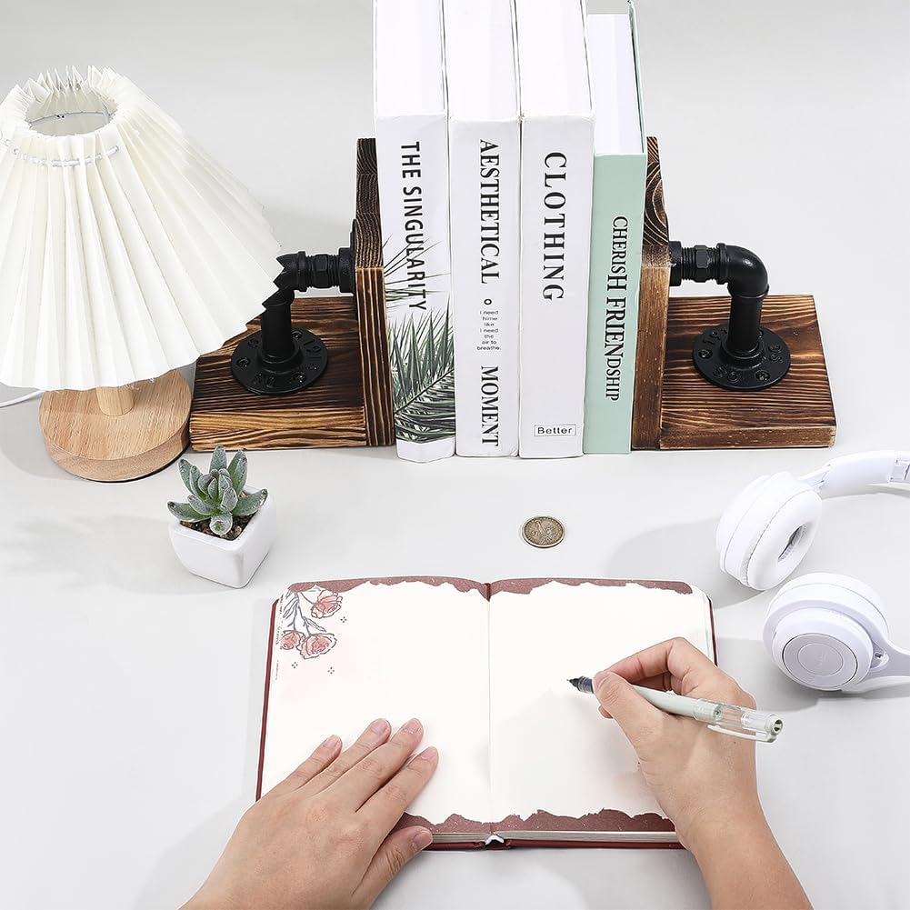 WADORN Decorative Book End, Handmade Heavy Duty Book Holders with Modern Industrial-Style Pipe Design Rustic Non-Skid Thickened Wooden Bookends for Home Library Office Desktop Bookshelf Decor