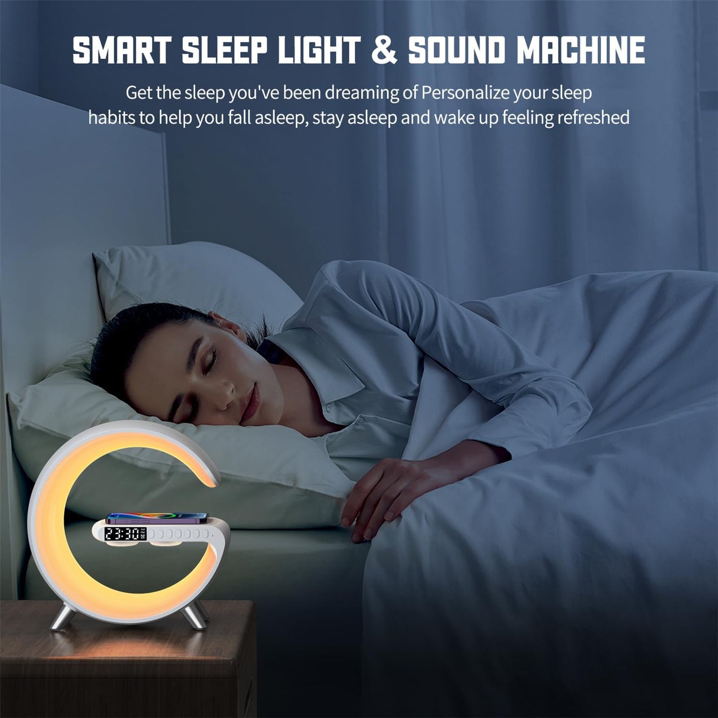 Smart LED Table Bedside Lamp with Bluetooth Speaker & App Control, 15W Fast Wireless Charging Station Dock, Sunrise Alarm Clock, Cool Night Light, for Bedroom, Home Decor, Birthday, Christmas Gifts