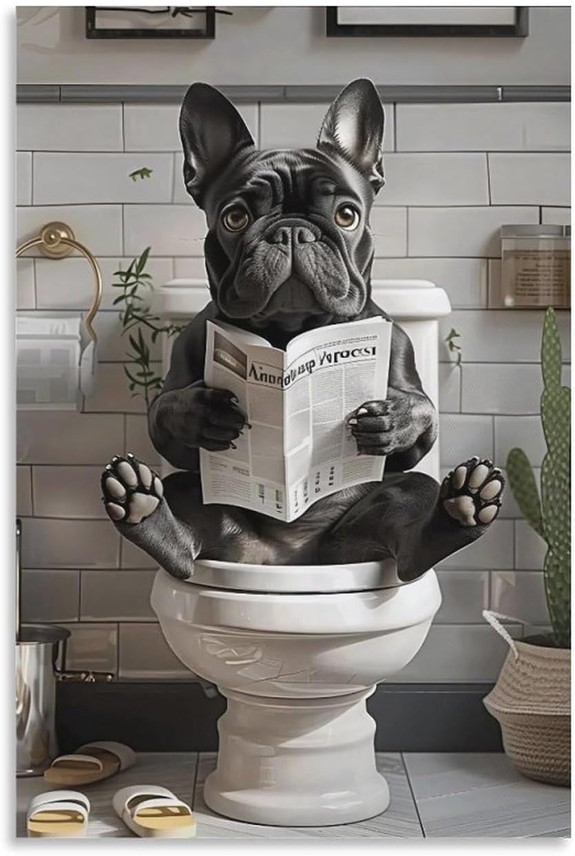 JHXNJDPOST Humorous French Bulldog Poster on Toilet Reading Newspaper Canvas Wall Art Aesthetic Decorative Painting Living Room Restaurants, Pool Halls And Hotelsstyle-13 12x18inch(30x45cm)