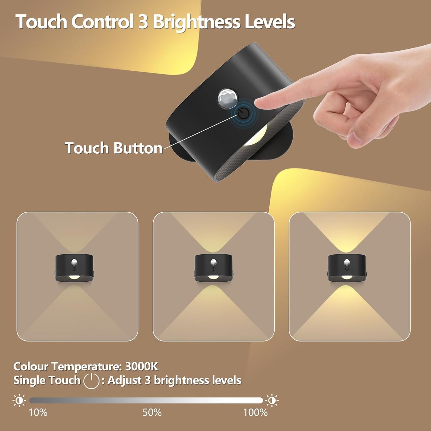 Rechargeable Motion Sensor Wall Light, Wireless Wall Sconce - Magnetic Base, Dimmable 3000K Warm White, 3 Modes (ON/AUTO/Off) for Closet, Stairs, Living Room - Indoor LED Wall Lamp (Black)
