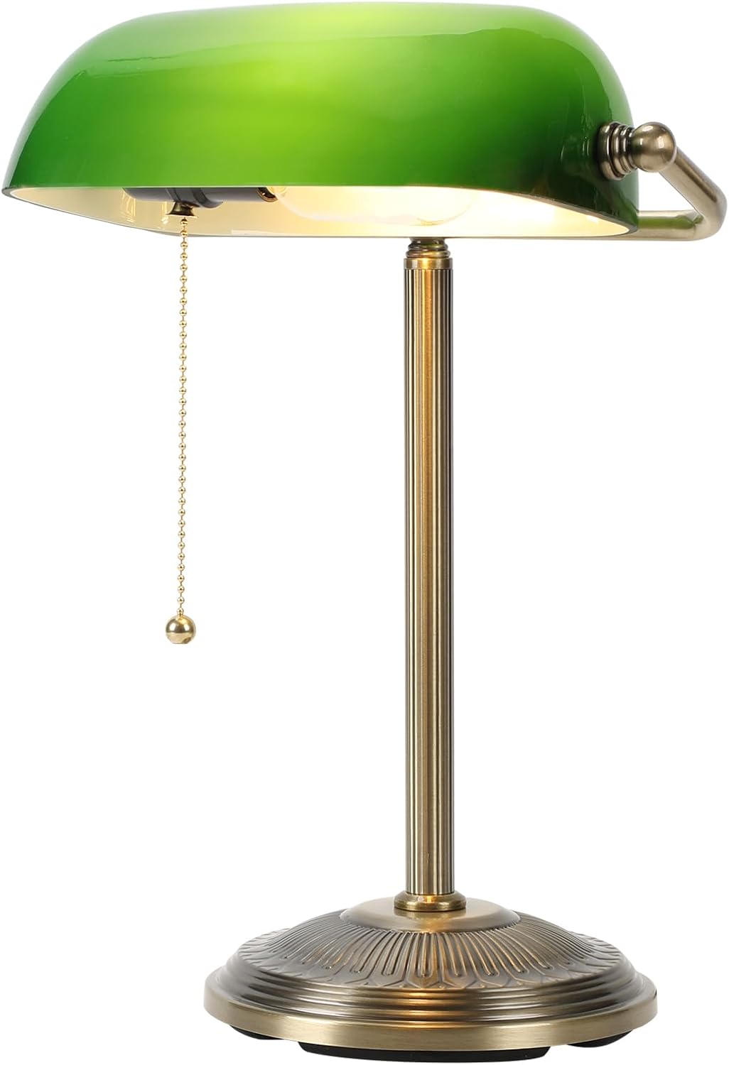 NISSAFORS Bankers Desk Lamp, Green Glass Shade, Vintage Desk Lamp with Pull Chain Switch, Retro Table Lamps for Home Office (Brass+Green, Small)