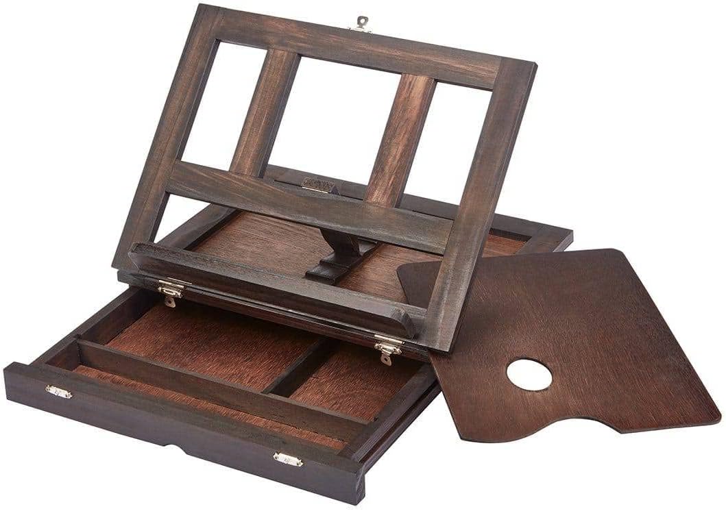 KINGART Adjustable Wood Espresso Stained Desk Table Easel with Storage Drawer, Paint Palette, Portable Wooden Artist Desktop, Painting, Drawing Sketching Book StandE