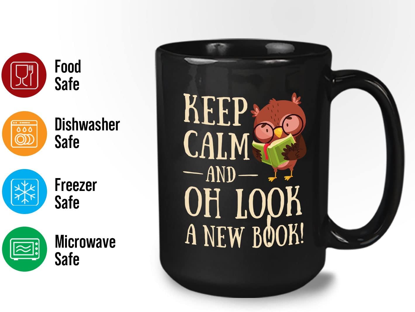 Bubble Hugs Book Lover Coffee Mug 15oz Black - Keep Calm and Oh New Book - Reading Owl Reader Stack of Books Lover Bookish Novelist Librarian Writer