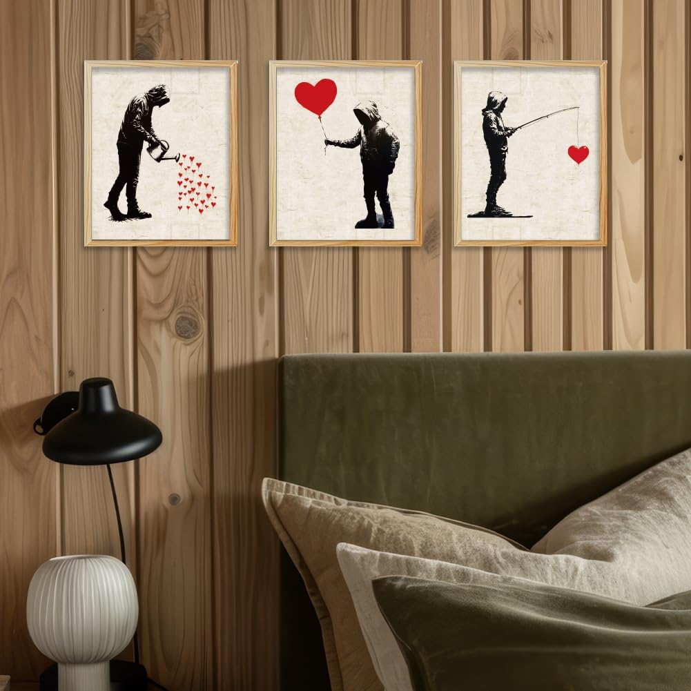 WEBEEDY 9 Styles Banksy Wall Art Vintage Red Heart Prints with for Wall Decor Aesthetic Graffiti Poster Boho Unframed Canvas Wall Art for Living Room Bedroom Office Home Decoration, 20x25cm/8x10''