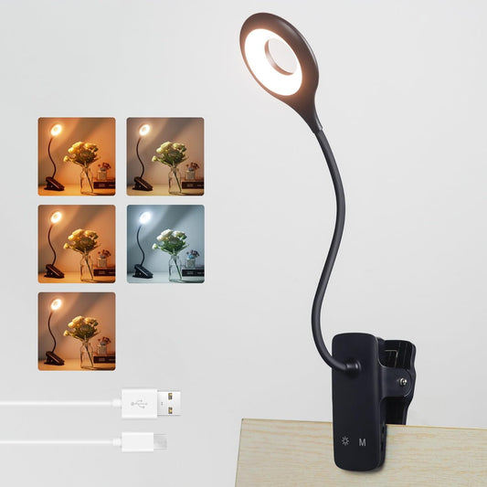 Desk Lamp LED Clip on Light, 5 Modes 5 Brightness Dimmable Clamp Light, Rechargeable Battery Flexible Clip on Reading Lamp for Bed Headboard Bunk Bed at Night for Kids (Black)