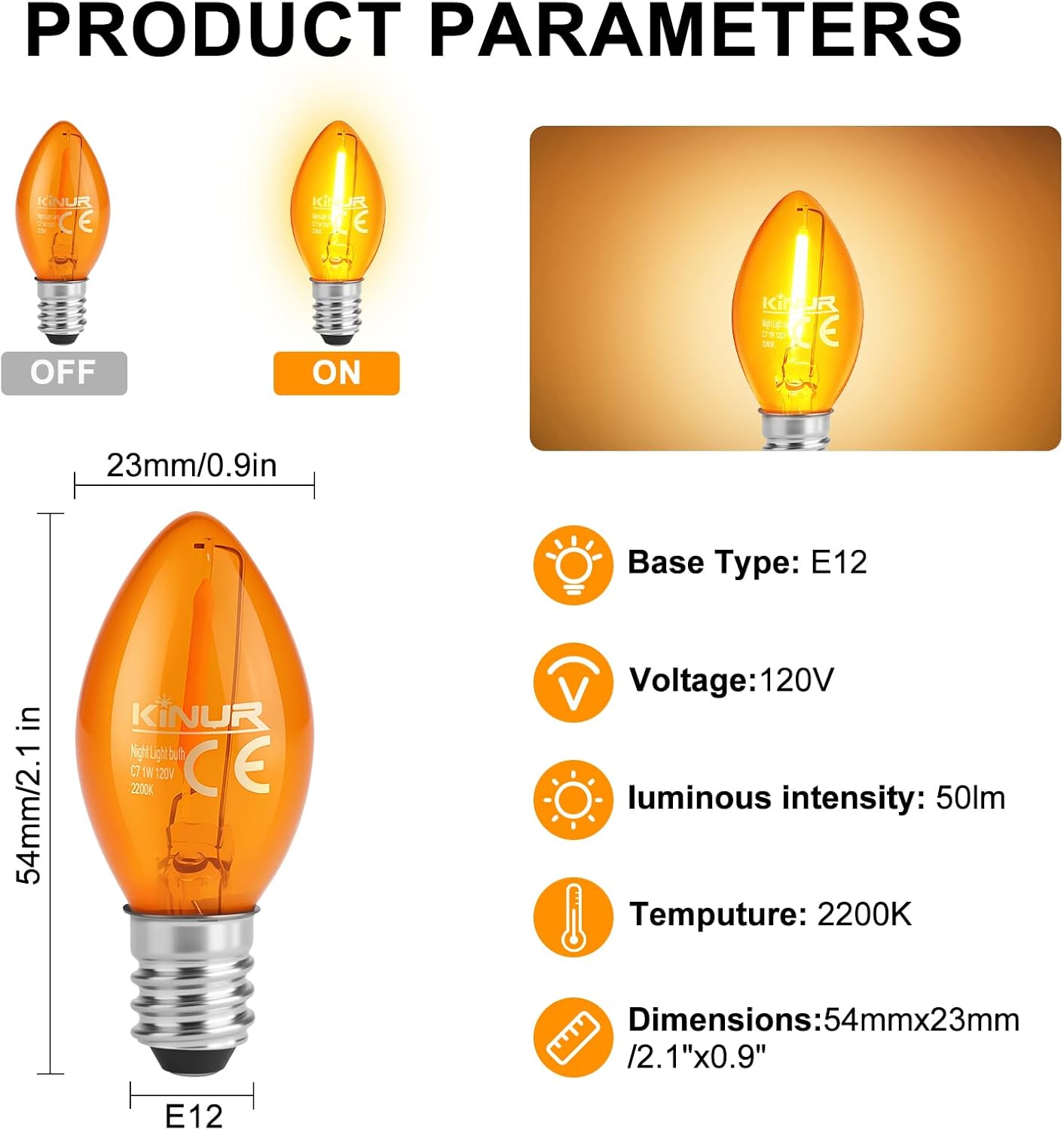 KINUR Night Light Bulbs, C7 LED Bulbs E12 Candelabra Base Amber 2200K, 1 Watt Equivalent 10W Incandescent Bulb, Salt Lamp and Window Candles & Chandeliers Replacement Bulb 6 Pack (6, Amber)
