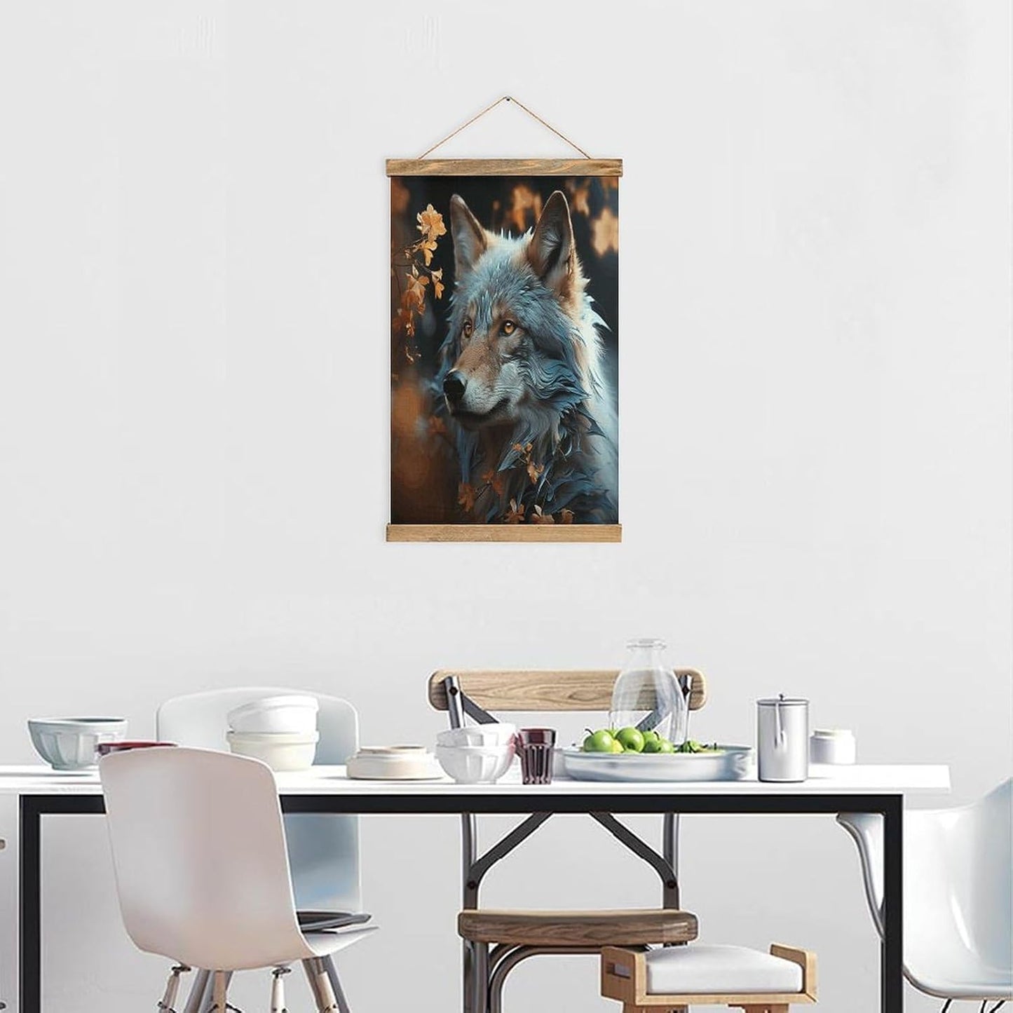 Vintage Autumn Leaves And A Wolf Poster with Wooden Frame Personalized Linen Hanging Scroll Painting Rustic Wall Hanging Illustrative Modern Artwork Decor for Home Living Room Bedroom Office