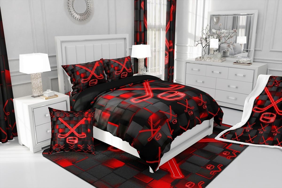 Feelyou Kids Red and Black Flannel Fleece Throw Blanket Ice Hockey Fuzzy Blanket Throw 50"x60" for Boys Bedroom DecorHoneycomb All Season Bed Blanket Ombre Abstract Plush Blanket