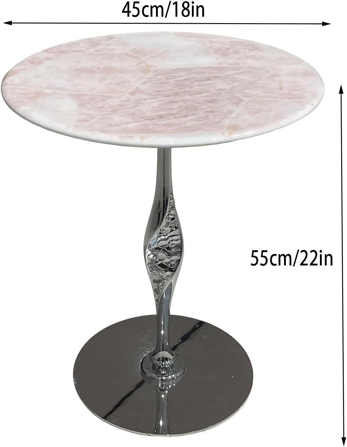 Round Marble Bar Table, Pink Small End Table for Couch with Sliver Base, Bistro Cocktail Table Narrow Side Table for Tight Spaces Home Office Dining Room