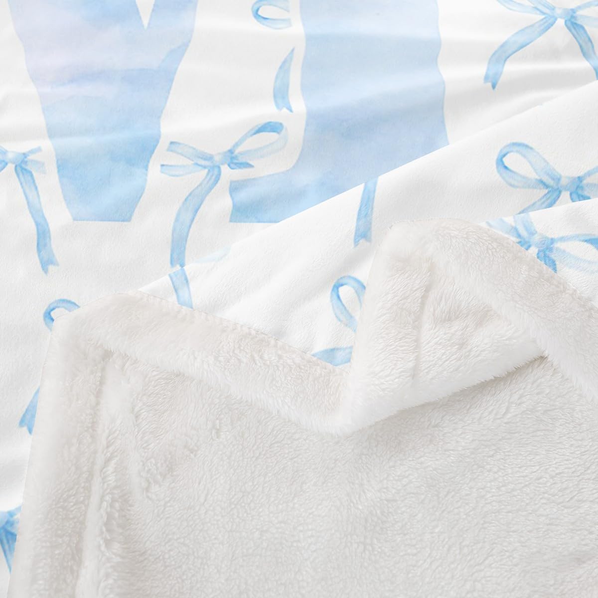 Cartoon Bowknot Kids Throw Blanket,Blue Bow Tie Letter M Knot Princess Girls Women Bed Blanket,Watercolor Bow Patchwork Blue White Fuzzy Blanket,Throw Size (50 x 60 Inches)
