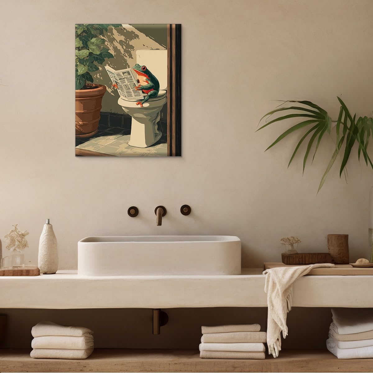Funny Frog Print Bathroom Wall Art - Frog Reading Newspaper on Toilet Picture Poster Artwork Vintage Bathroom Wall Decor 8x10 Canvas Framed