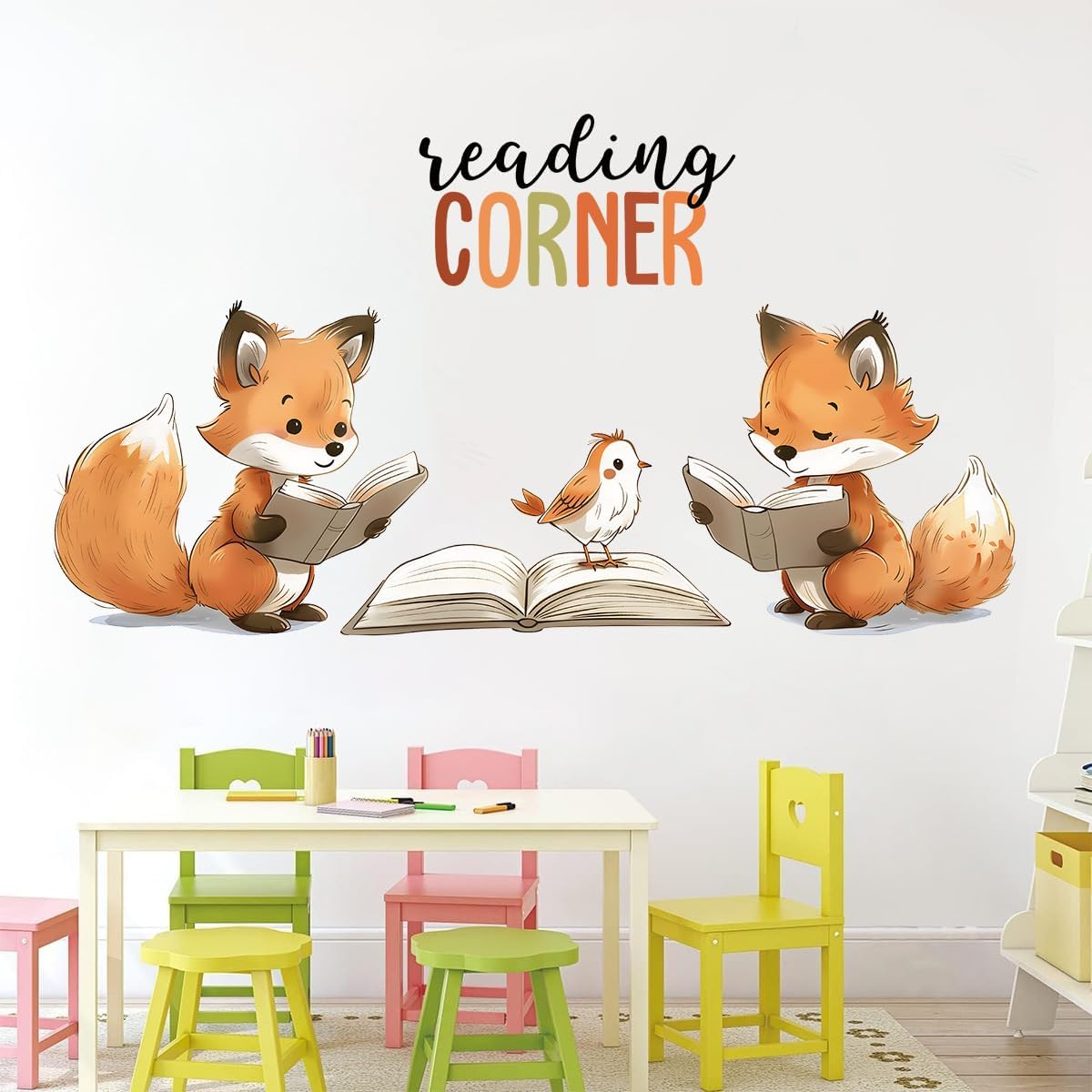 Reading Fox Wall Stickers Decals, Reading Corner Decorative Nursery Kids Room Wall Art Decor, Library Read Book Nook Home Classroom Playroom Decorations Gift