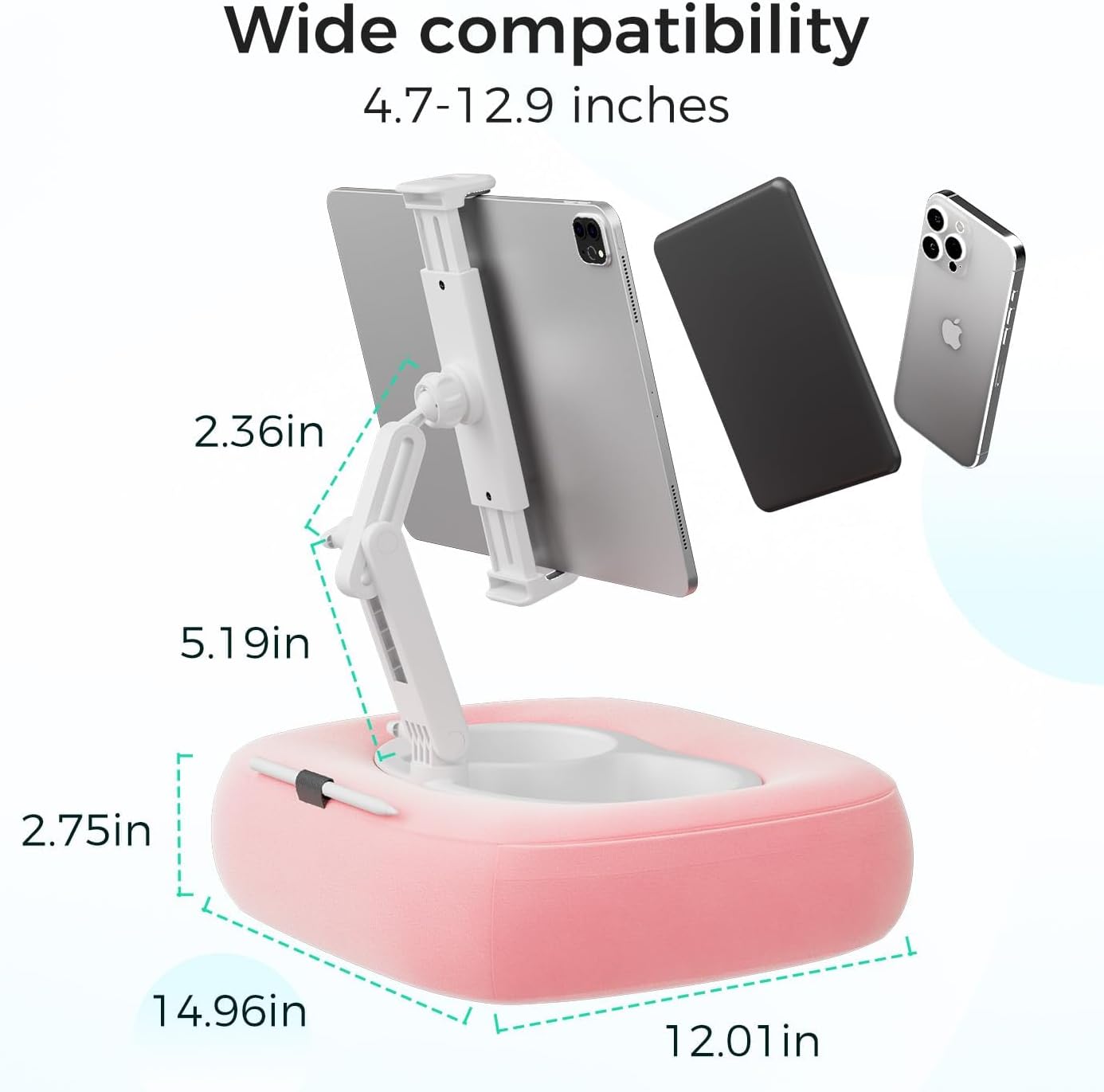 Tablet Pillow Stand, Adjustable Kindle Holder with 2 Snack Bowls, 360° Adjustable iPad Stand for Bed with 4.7''-13'' iPad, Kindle, Phone, Gift for Reading Accessories on Bed, Sofa, Pink