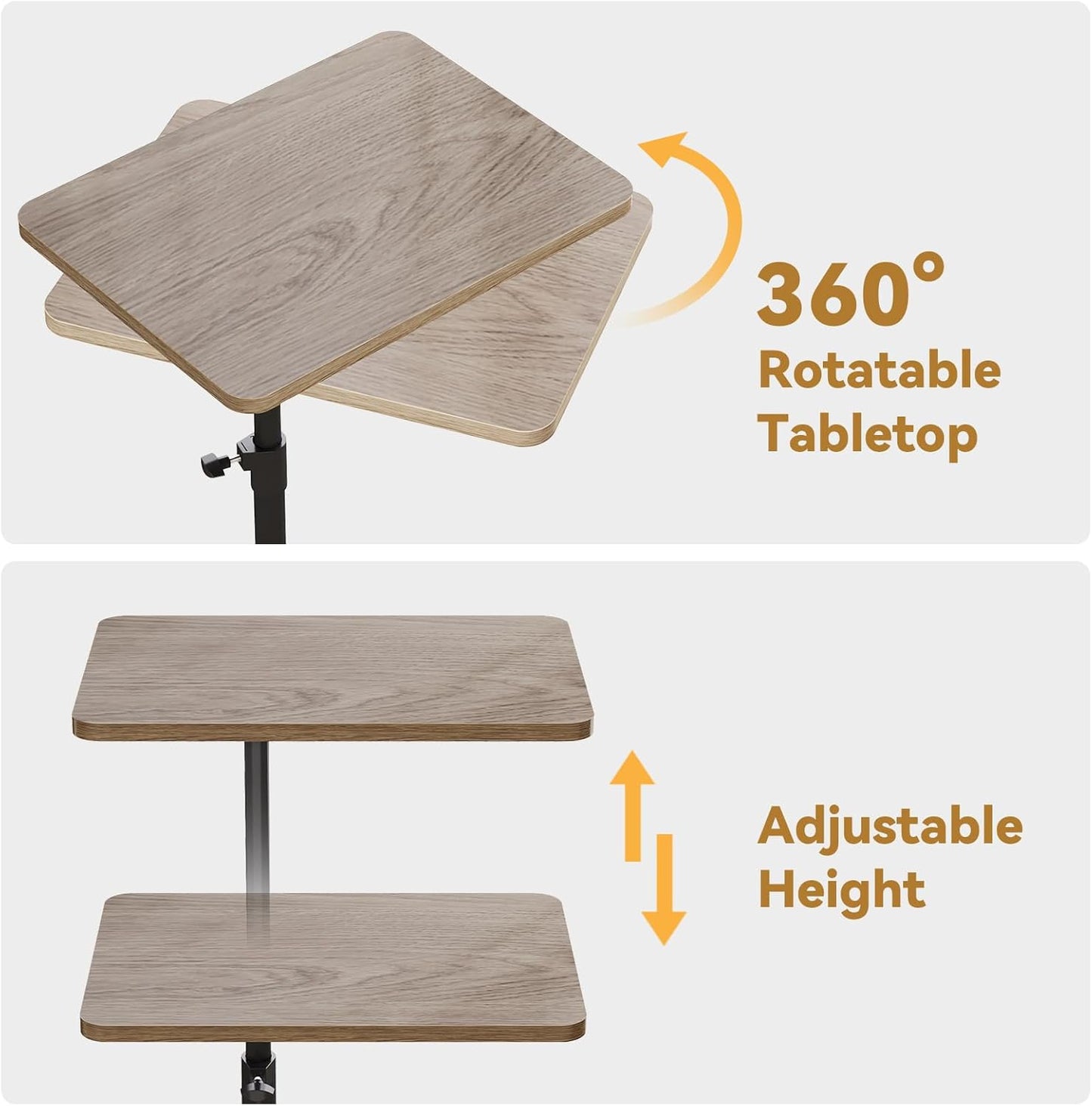 NiHome Minimalist Height Adjustable End Table, 360° Rotatable Sofa Armrest Side Tray Table, Adjustable Legs Space-Saving Couch Bedside Bathtub TV Tray C-Shaped End Table Snack Table for Eating (Gray)