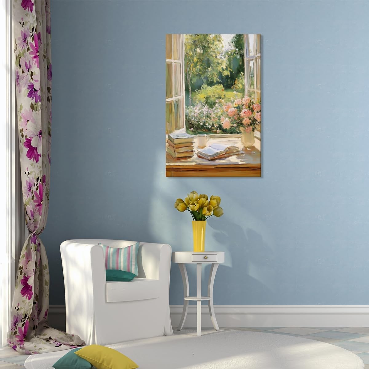 Cozy Vintage Window Roses Garden View Books Coffee Canvas Artwork For Walls Wall Art Aesthetic Poster Spring Wall Art For Living Room Bedroom Office Cottage Print Posters 8x12inch Unframed