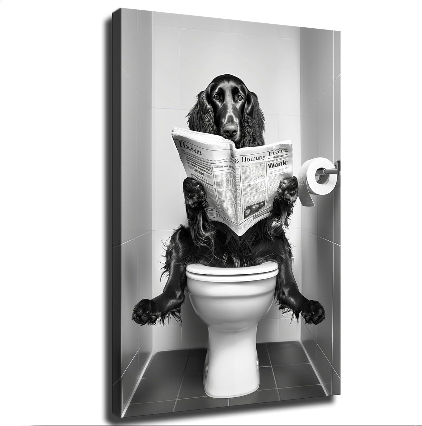 Black and White Animal Irish Setter Dog Sitting on The Toilet Bathroom and Reading A Newspaper Print Poster Picture HD Print Poster Retro Painted Modern Home Bedroom Room Aesthetic Decoration Canvas (08x12inch Framed)