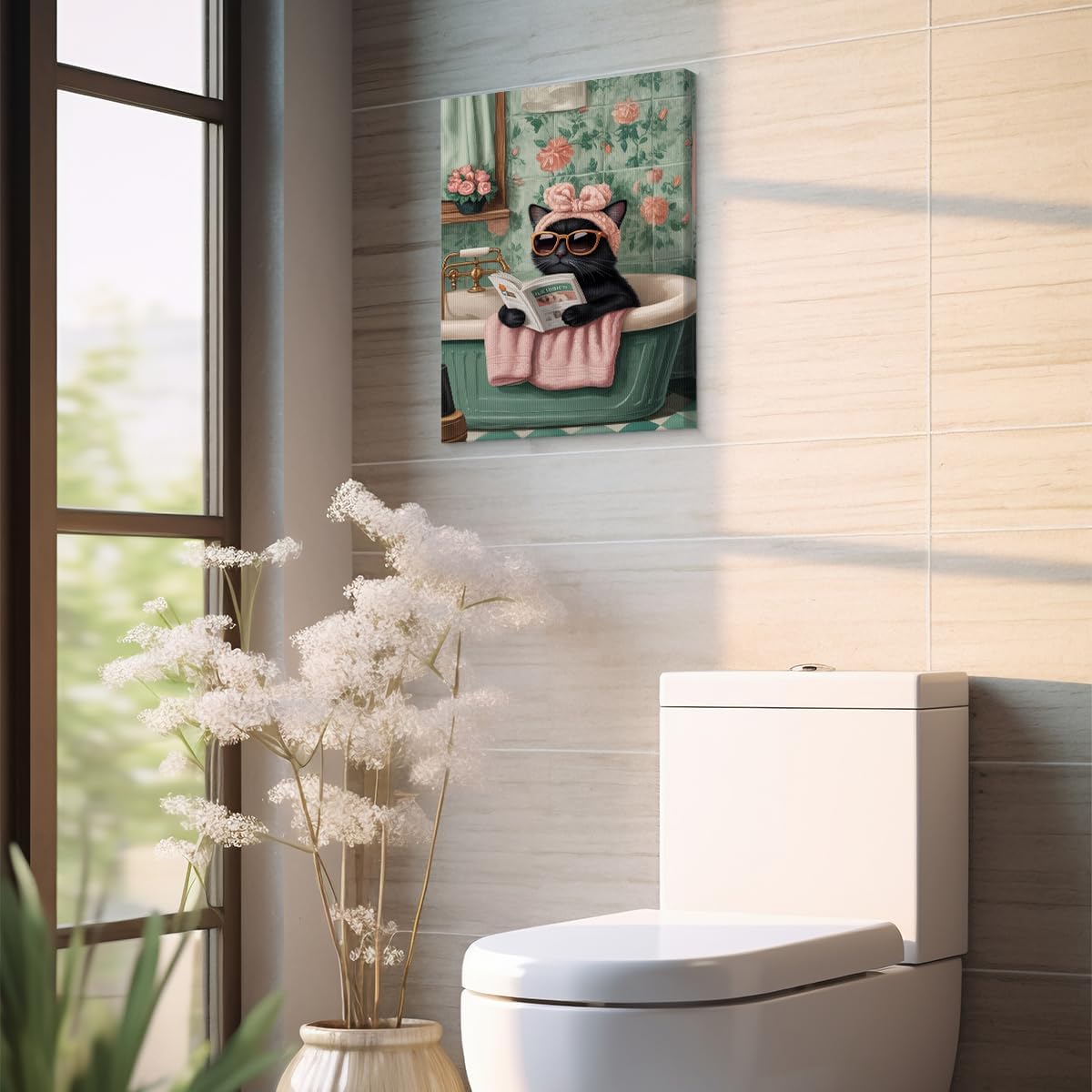 Funny Modern Cat Bathroom Wall Art Print - Cute Cat Reading in Bathtub Poster Picture - Floral Aesthetic Bathroom Wall Decor Canvas Framed 8x10 Inches