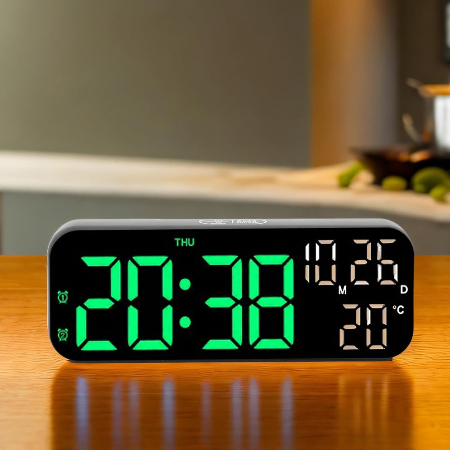 plplaaoo Digital Clock LED Display Voice Control Brightness Adjustable Date Temperature Countdown Timer Alarm Clock for Home Office Bedroom ABS 6.9in (Black Green Lamp)