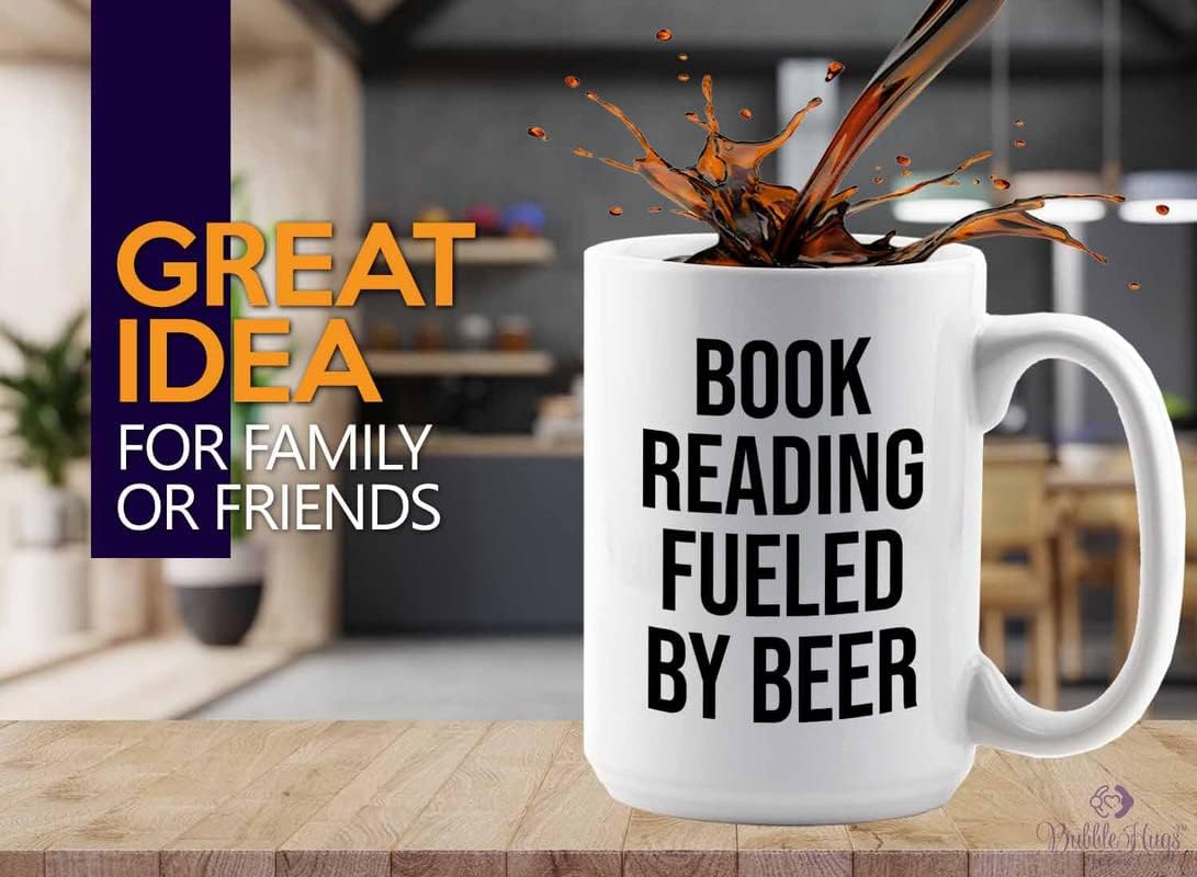 Hobby Beer Lover Coffee Mug 15oz White - book reading fueled by beer - Mountain Biking, Bike Riding, Bicycling Lover, Cycling Bike Enthusiast, Road Bike