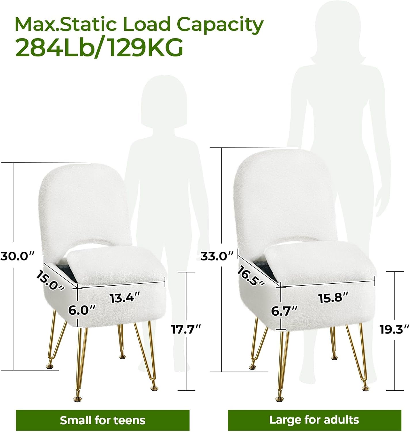 GREENSTELL Vanity Stool Chair with Storage and Folding Back, 15.8" x 16.5" x 33" Square Faux Fur Soft Ottoman, 4 Metal Legs with Anti-Slip Feet, Furry Padded Seat for Makeup, Bedroom, White