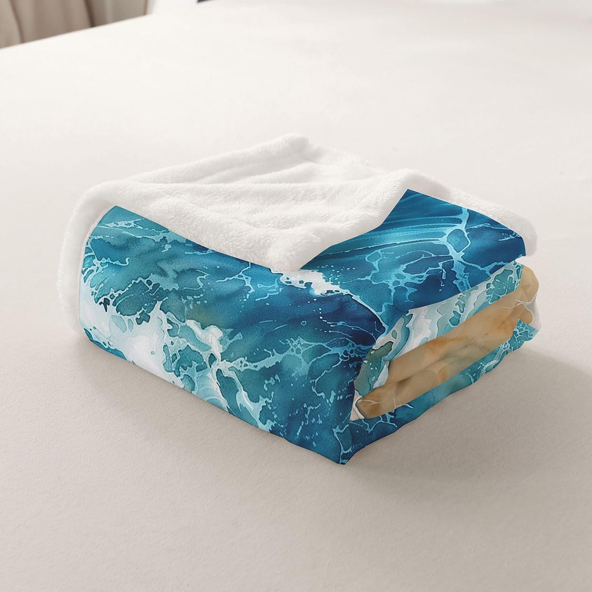 Feelyou Beach Wave Throw Blanket Coastal Sand Soft Fleece Sherpa Cozy Fuzzy Plush Warm Tropical Shore Fuzzy Plush Throw Ocean Themed Queen 90"x90" Seaside Gradient for Bed Couch Living Room