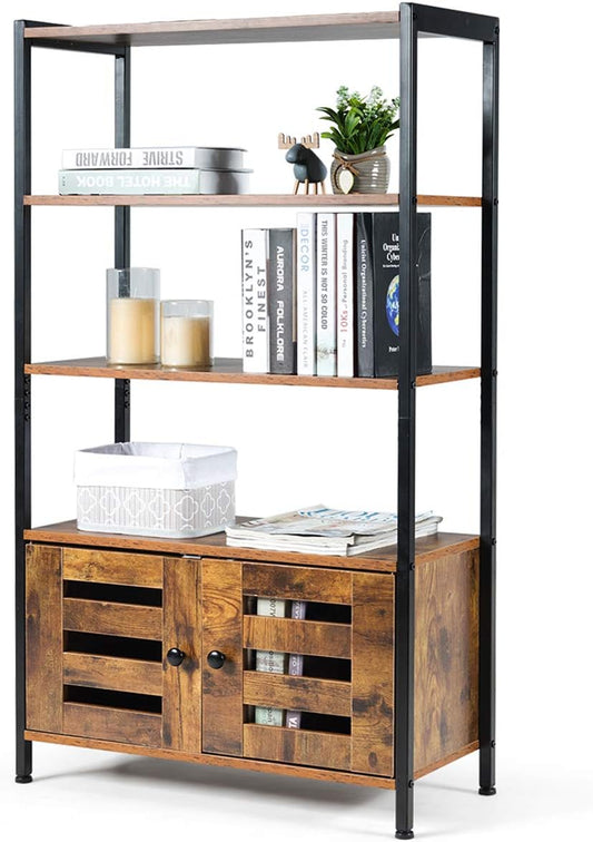 Tangkula Storage Cabinet, Industrial Bookshelf and Bookcase, Freestanding Floor Cabinet with 3 Shelves and 2 Louvered Doors, for Living Room Study Home Office, 27.5 x 12 x 47.5 Inch, Rustic Brown