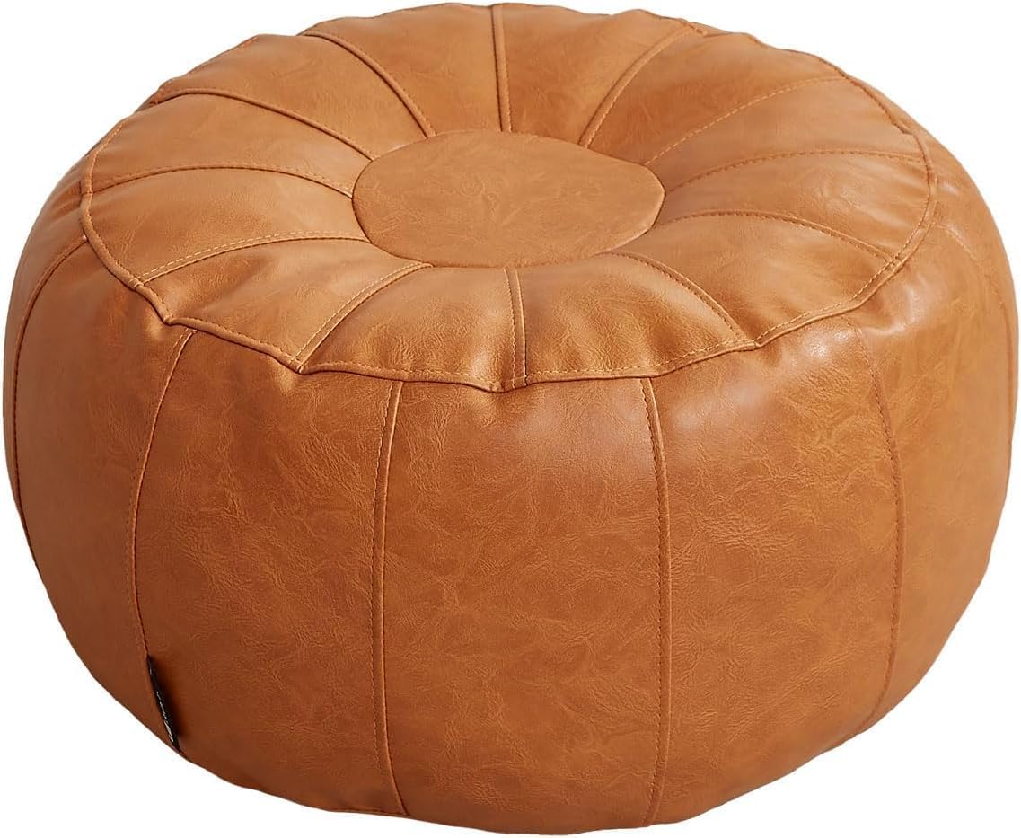 Louis Donné Unstuffed Pouf Ottoman Foot Rest DIY no Filler Cover Only Storage Waterprof Faux Leather Small Bean Bag Cover Reading Relax Floor Chair Waterproof Pet Friendly Easy Clean (Orange)