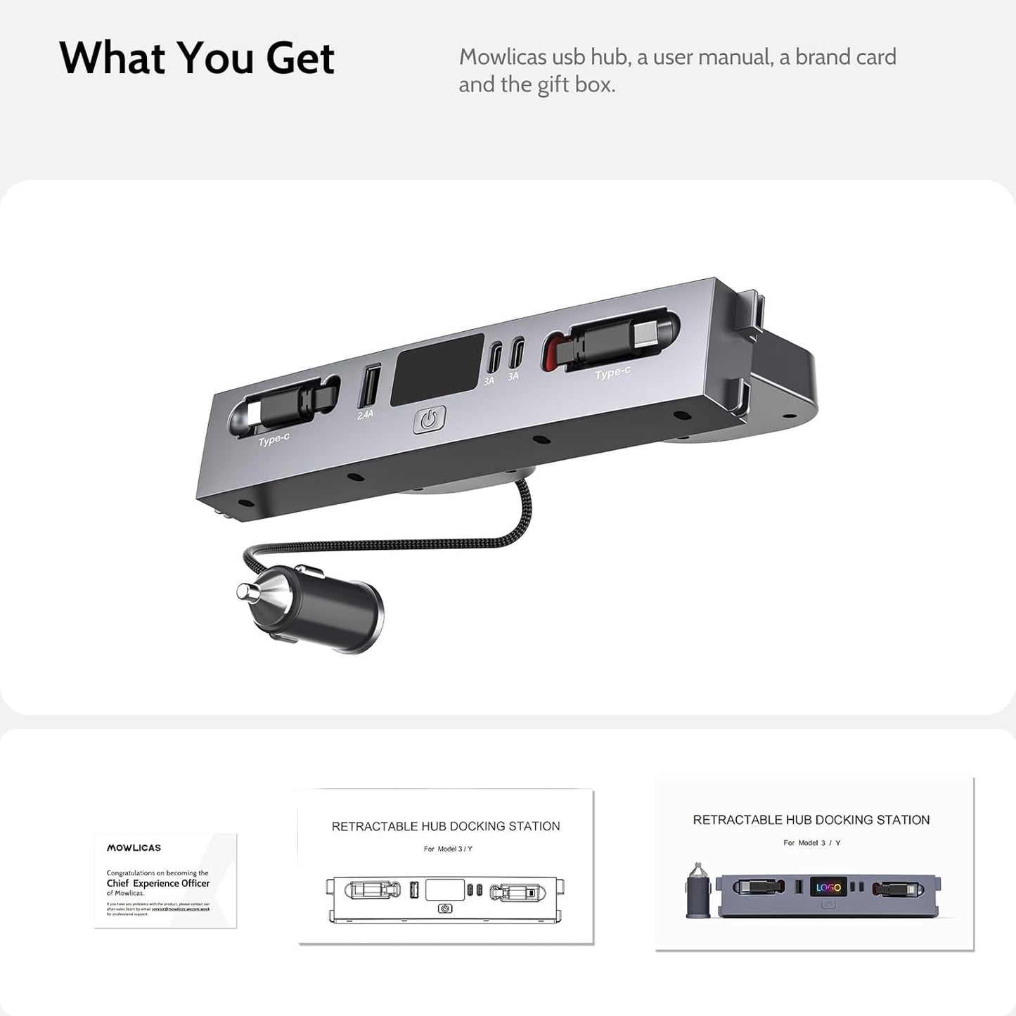 Max 132W Dual Type-C USB Hub, Tesla New Model Y Juniper (2026/2025) Accessories, 5 in 1 Fast Charger for iPhone 16/15 Series, 2-Retractable Cable & 3-Port Docking Station