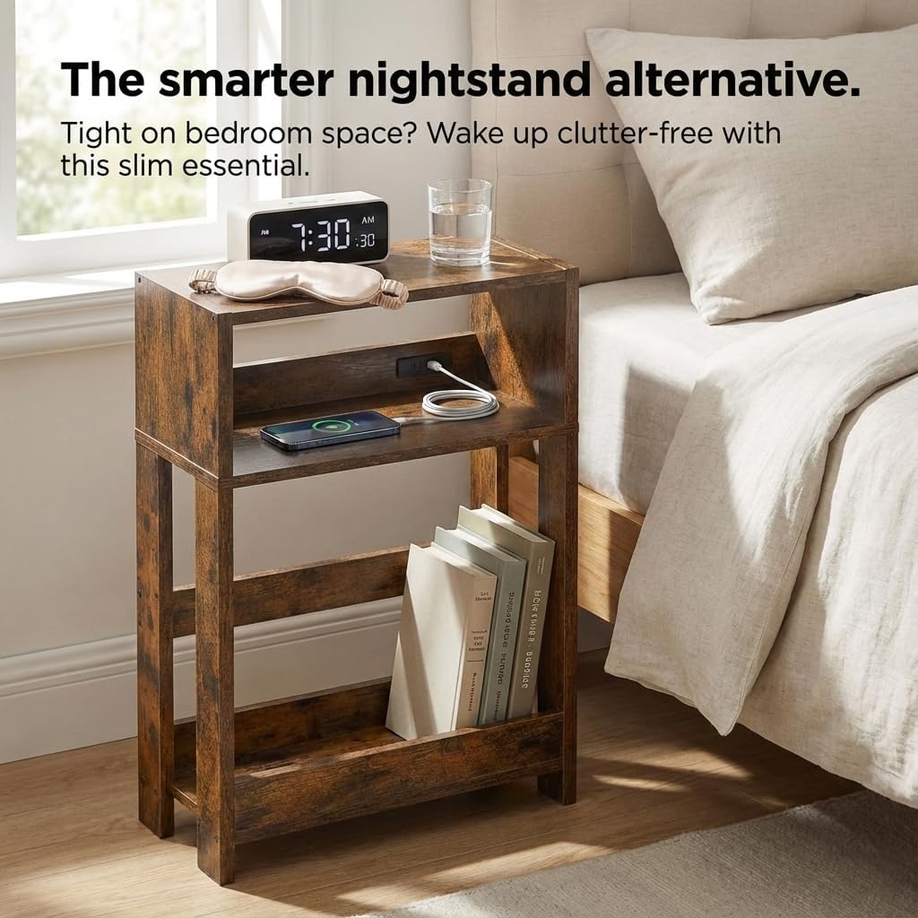 3-Tier Narrow Side Table,Skinny End Table and Bedside Nightstand for Small Space - Rustic Brown