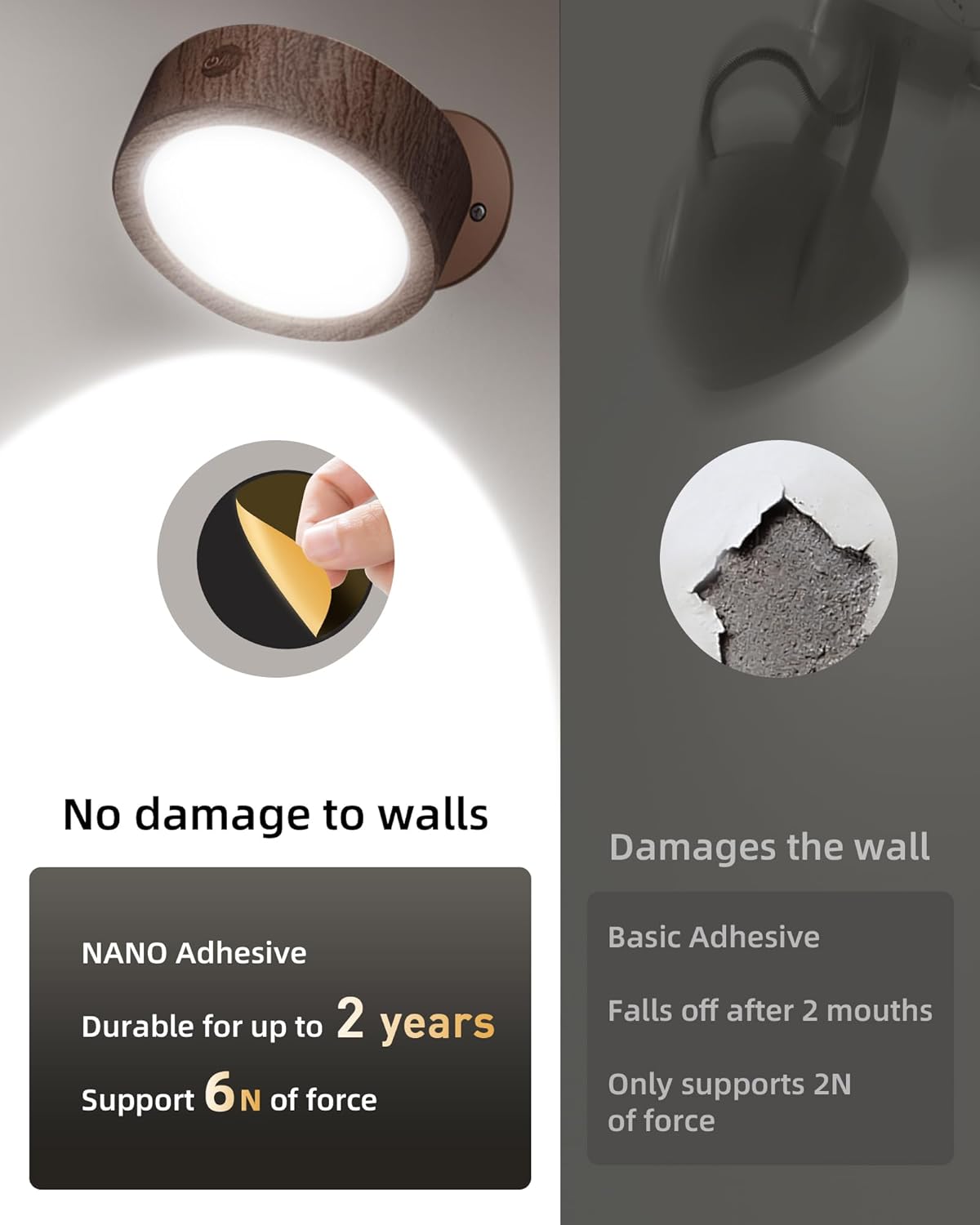 EZVALO LED Wall Mounted Light, 3000mAh Rechargeable Cordless Wall Sconce, Dimmable with Remote & Touch Control, 3 Color Temps, 360° Rotatable for Bedroom, Bedside, Reading(Walnut, 2Pack)