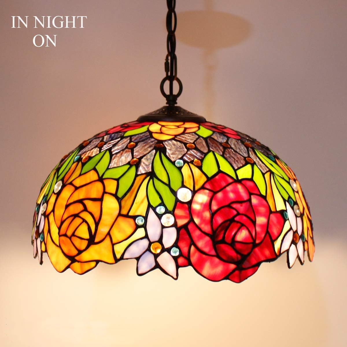WERFACTORY Tiffany Pendant Light Fixture Red Yellow Rose Stained Glass Hanging Lamp Wide 16 Inch, Height 40 Inch S001 Series